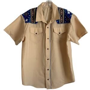 VTG West Cal.45 Button Up Mens Large Western Shirt Stars Pattern Tan Textured